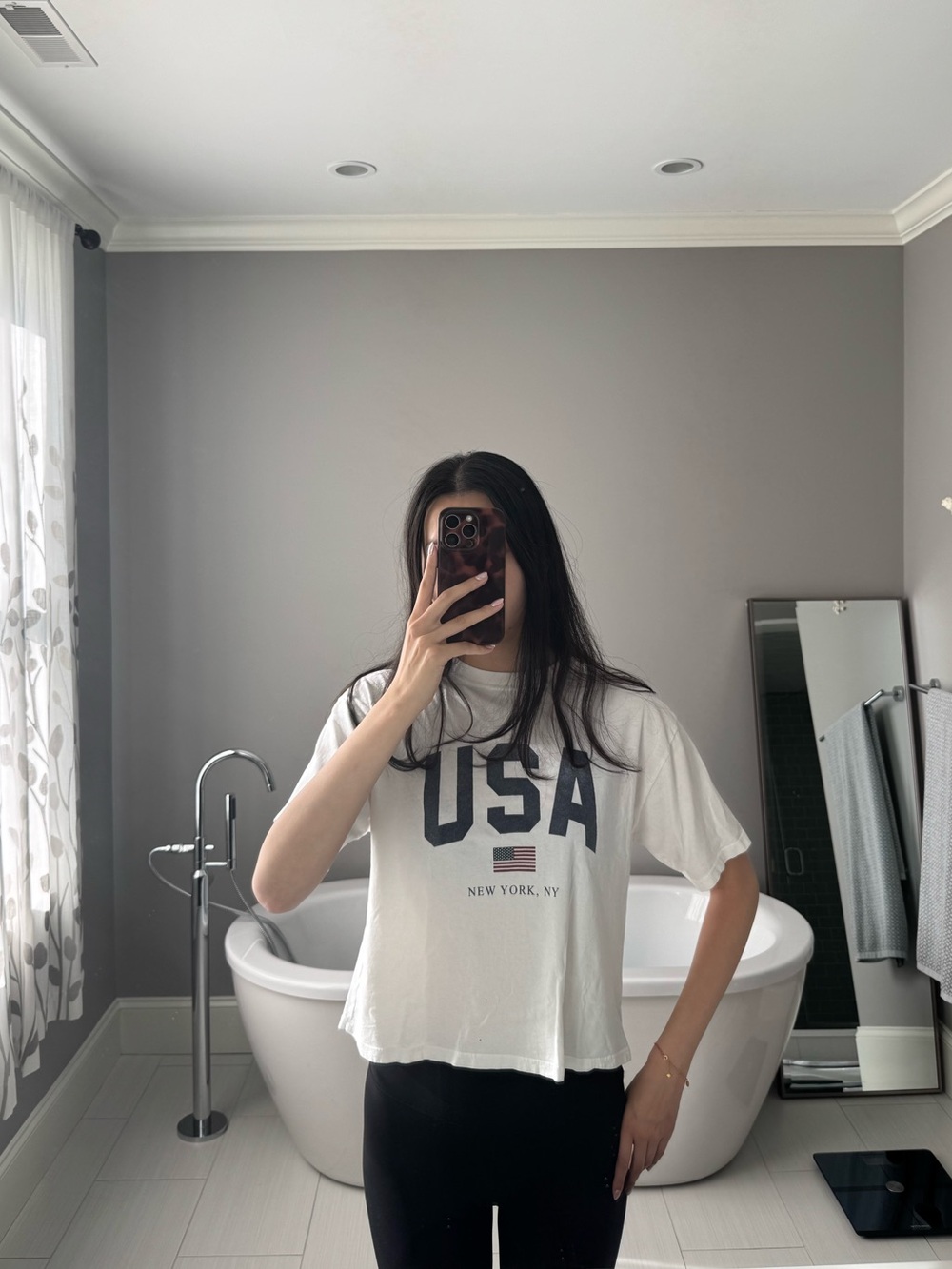 Brandy Melville White USA Graphic Tee with Navy Lettering